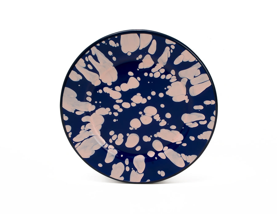 Plato trinche 20 cm de peltre azul con manchas rosas y borde azul