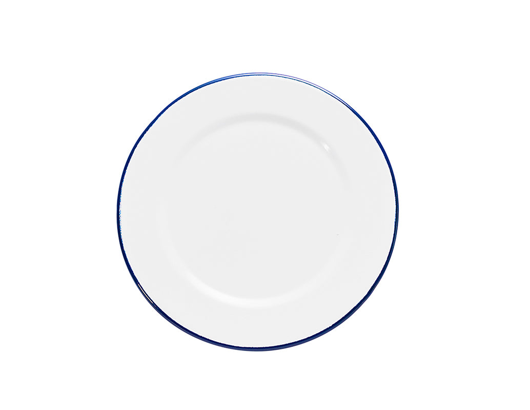 Plato trinche 20 cm de peltre blanco con borde azul