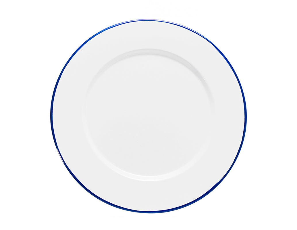 Plato trinche 24 cm de peltre blanco con borde azul