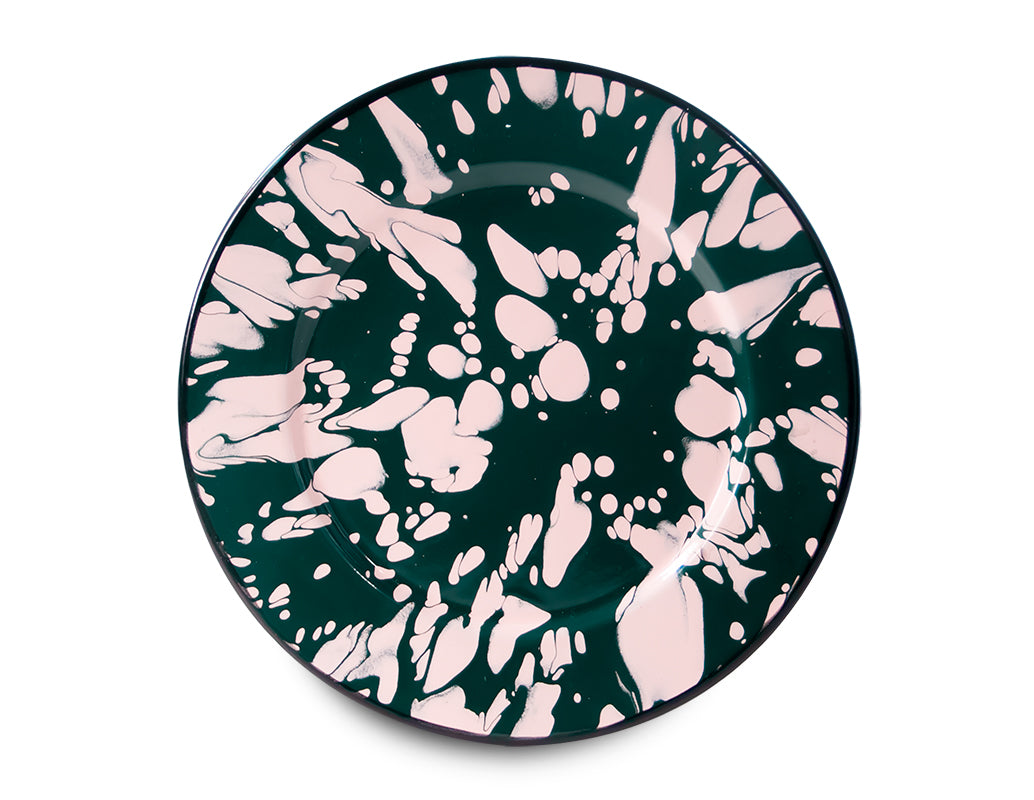 Plato trinche 24 cm de peltre verde con manchas rosas y borde negro