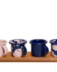 Set mezcalero azul y rosa con base de madera