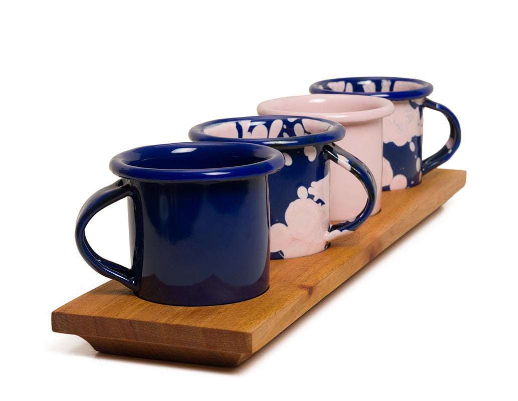 Set mezcalero azul y rosa con base de madera