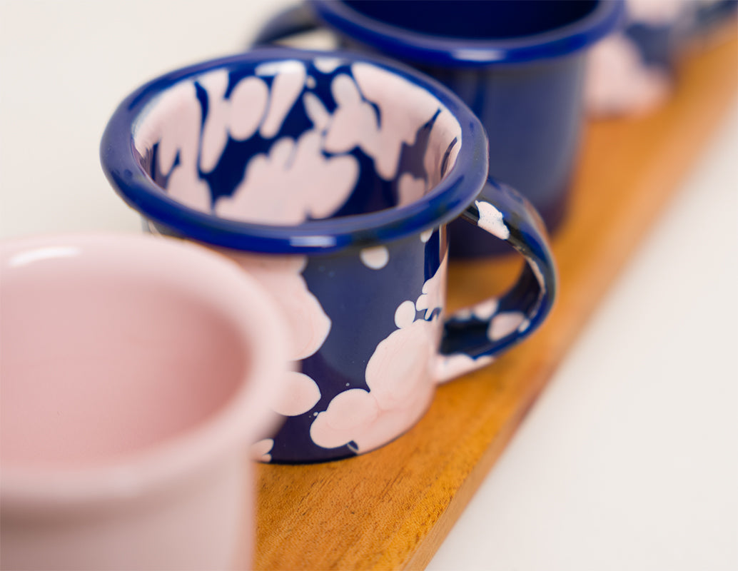 Set mezcalero azul y rosa con base de madera