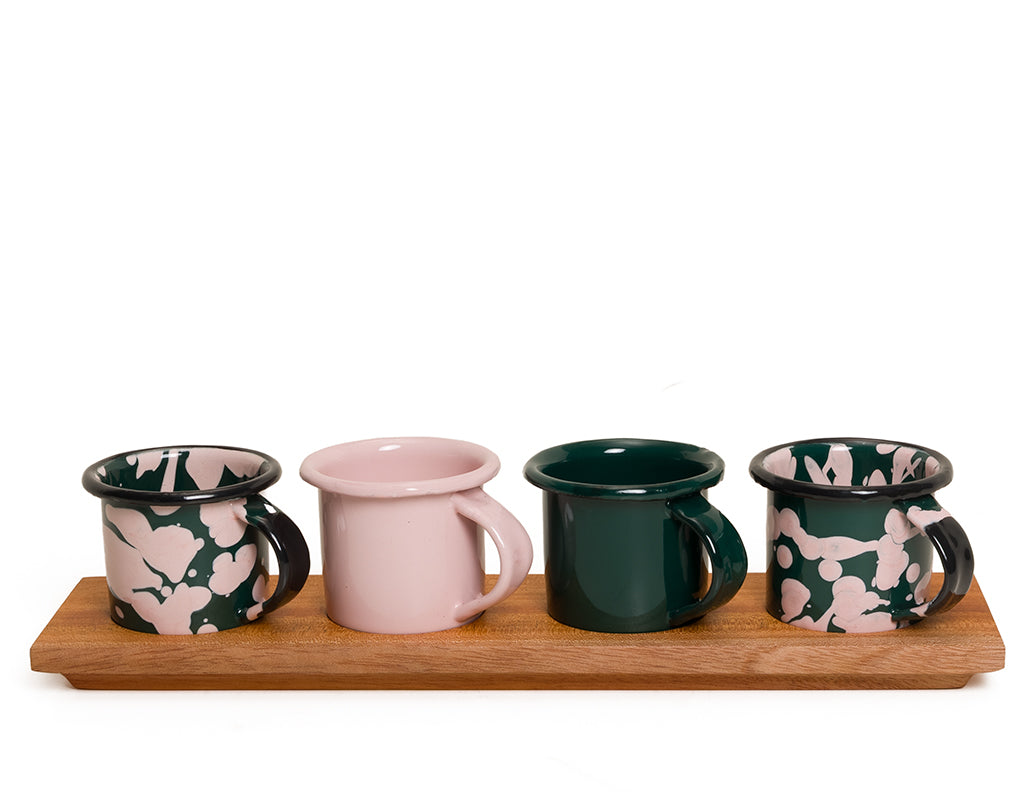 Set mezcalero verde y rosa con base de madera
