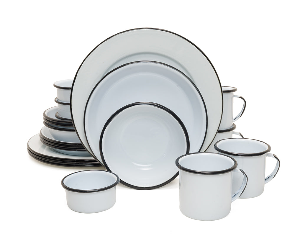 Vajilla de peltre blanca con borde negro para 4 personas