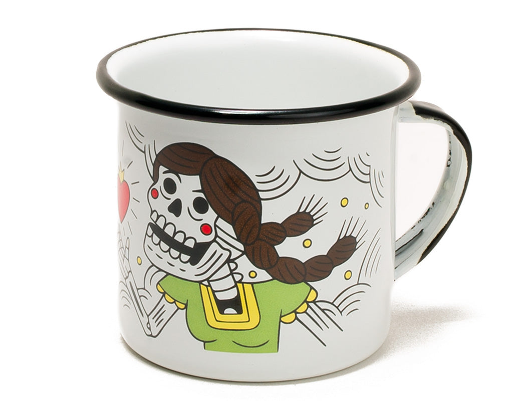 Taza de mesa de peltre blanco con borde negro Enamorados