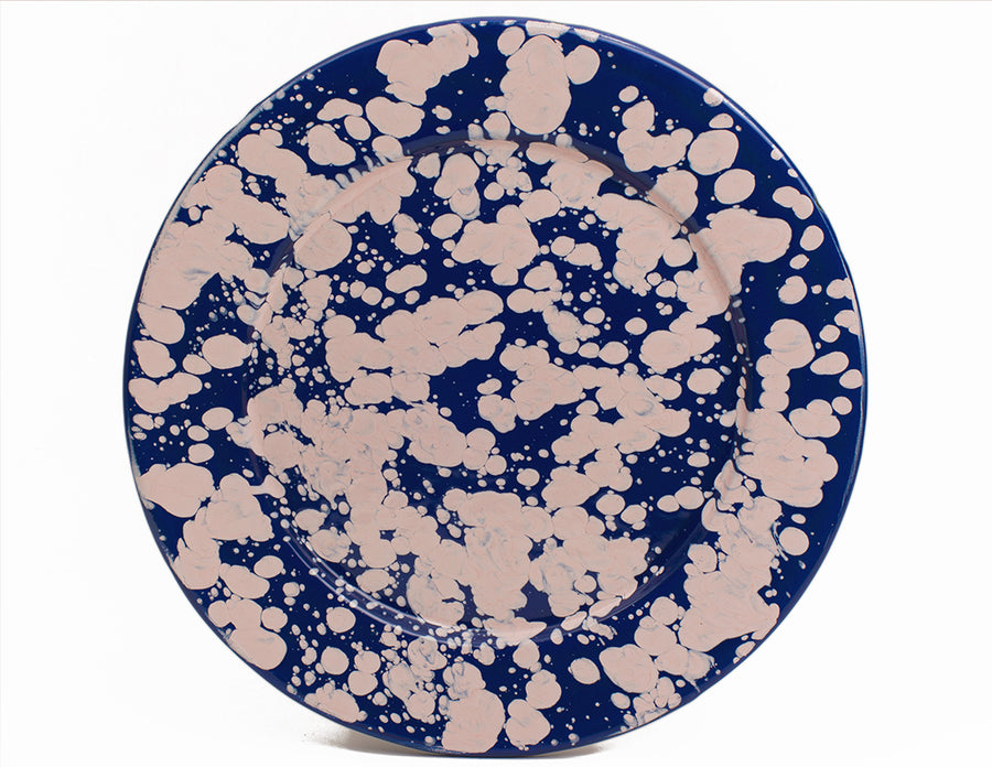 Plato trinche 27 cm de peltre azul con manchas rosas y borde azul