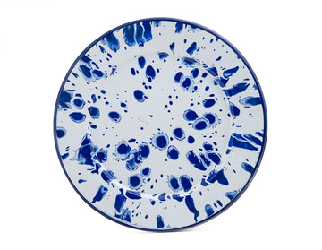 Plato trinche 24 cm de peltre blanco con manchas azules y borde azul