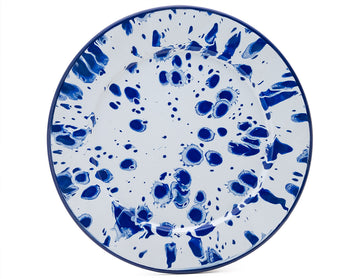 Plato trinche 27 cm de peltre blanco con manchas azules y borde azul
