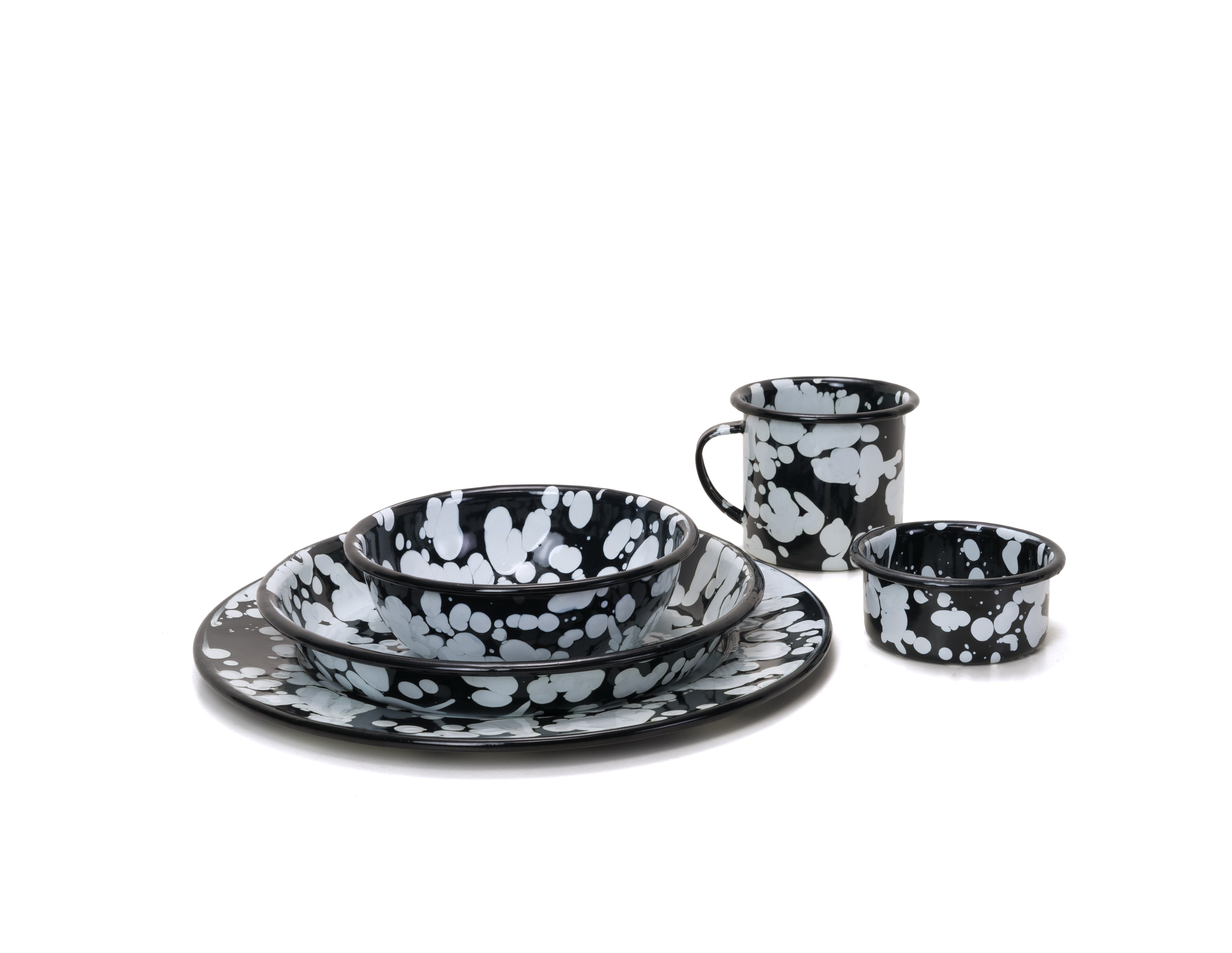 Vajilla de peltre negro con manchas blancas para 4 personas